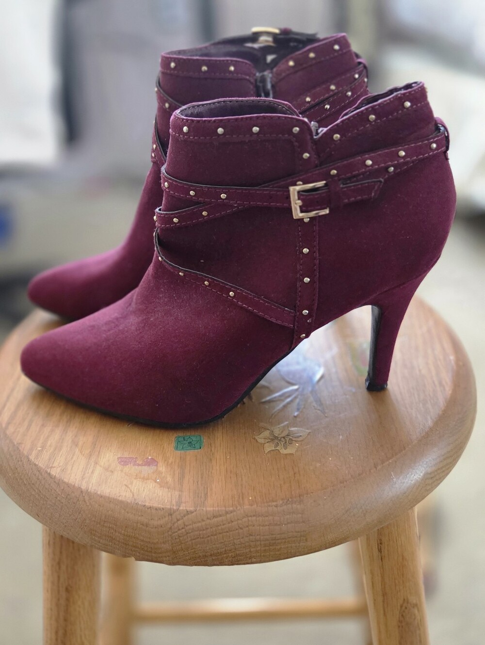Women's Burgundy Suede Ankle Booties with Studded Strap